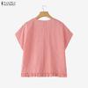 ZANZEA Women Grid Print Casual Round Neck Loose Short Sleeve Blouse