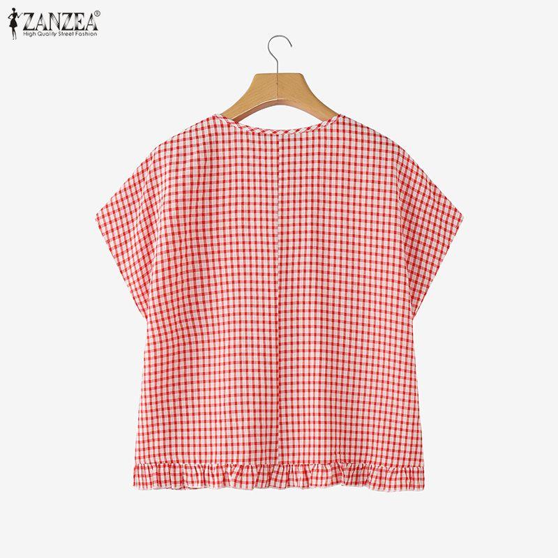 ZANZEA Women Grid Print Casual Round Neck Loose Short Sleeve Blouse