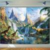 2D Dinosaurusvallei Muurschildering met Watervallen en Tropische Bergen Foto Achtergrond