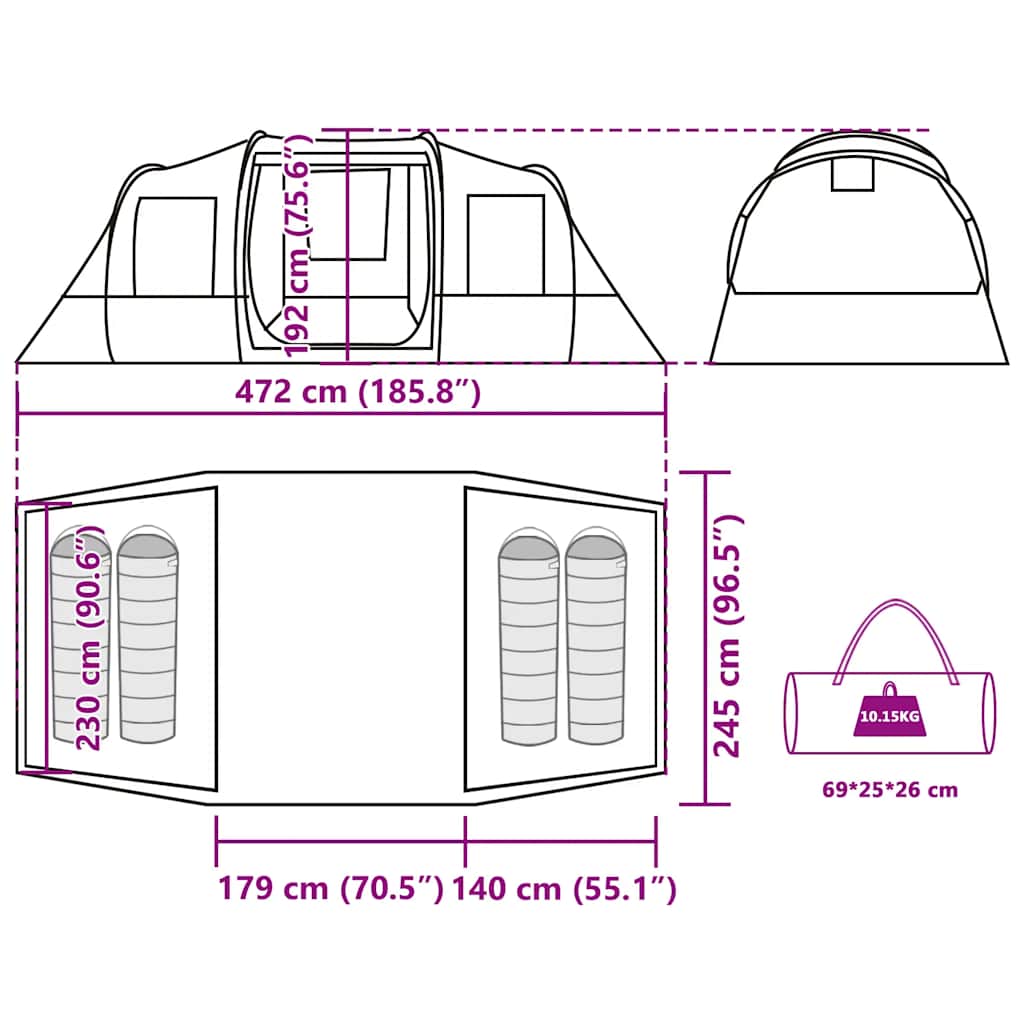 Tunnel Tent for 4 Persons Green Waterproof