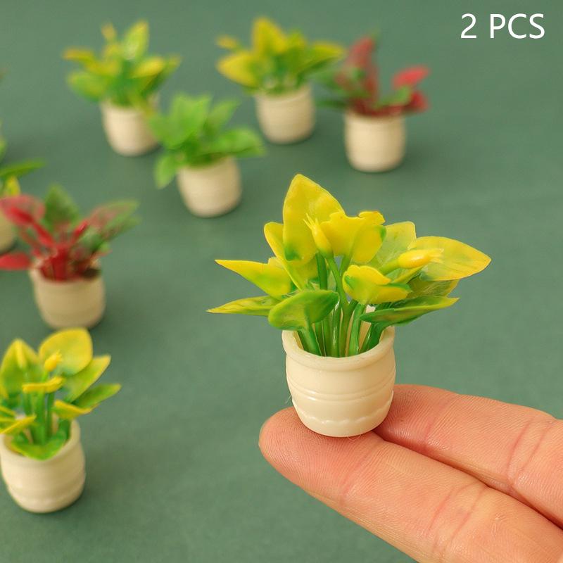 2 Bucăți Casă de Păpuși Decor Acasă Grădină Jucării Accesorii 1:12 Păpușă Miniatură Plantă în Ghiveci cu Frunze Verzi Ghiveci Model Bonsai