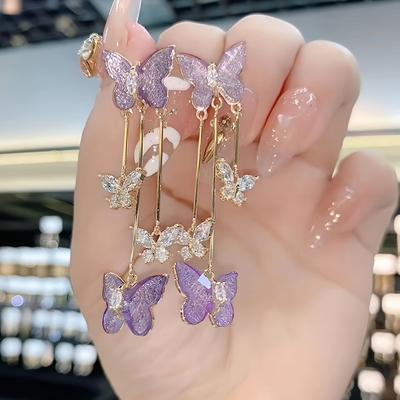 Exquisite Purple Butterfly Earring Shiny Rhinestone Inlaid Dangle Earrings Elegant Fashion Luxury Style Delicate Holiday Ear Ornaments Jewelry Gifts