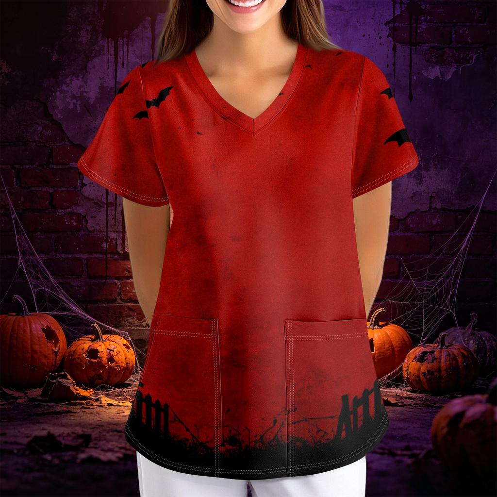 Women Halloween Print Loose Fit V Neck Short Sleeve Medical Scrub Top with Pockets Casual Workwear Uniform for Healthcare Professionals