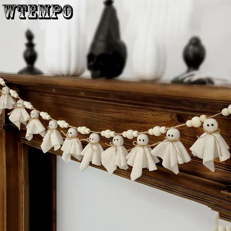 WTEMPO Handcrafted Halloween Party Banner Charming Wooden Bead & White Ghost Doll Rustic Garden Indoor Outdoor Festive Garland for Spooky Season