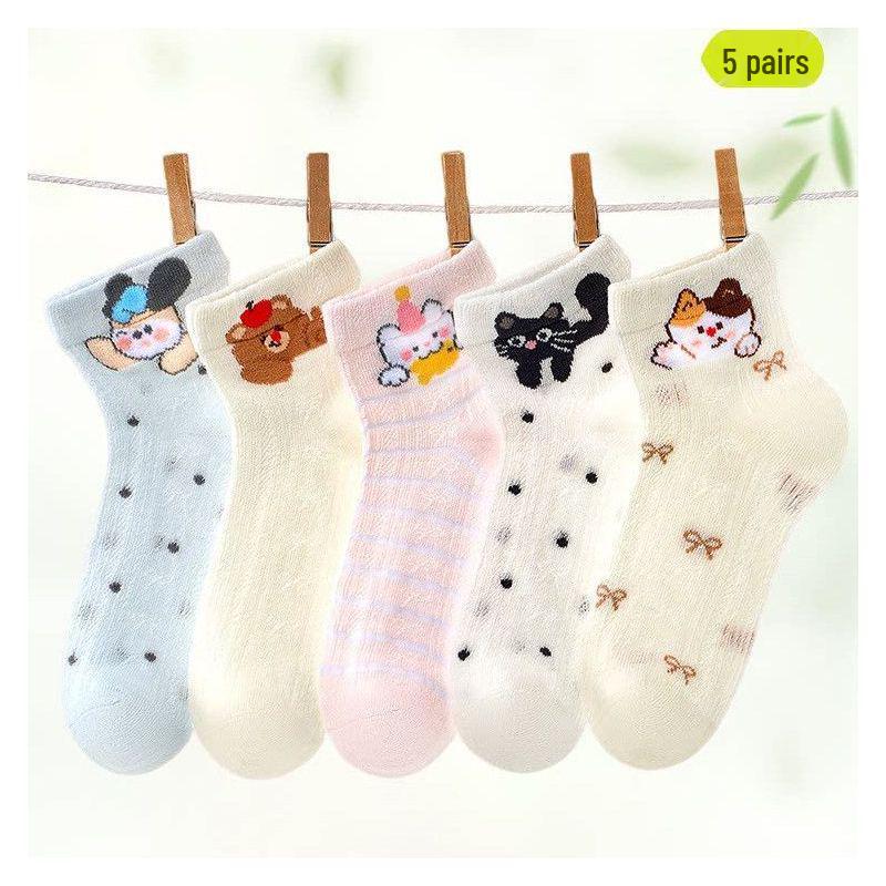 Girls' Summer Silk Mid-Calf Cartoon Mesh Socks - Breathable and Thin Cotton