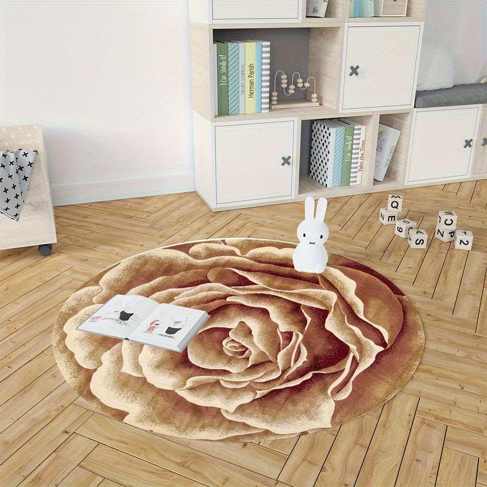 Elegant Rose Floral Round Rug Brown and  Beige Non-Slip Floor Mat Washable 2D Flat Print Area Rug for Living Room Bedroom Decor