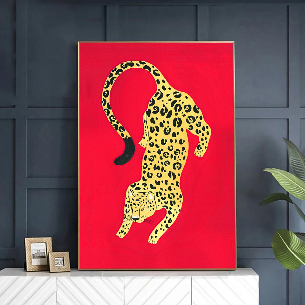 Rosa Gull Leopard Grønn Plakater og Trykk Lerretsmalerier Dyr Veggkunst Bilder for Moderne Stue Veggdekorasjon