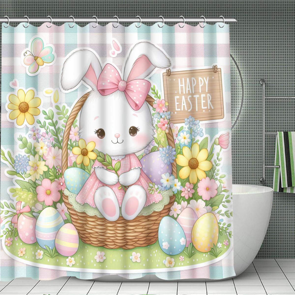 1pc Shower Curtain - Adorable Easter Bunny in a Basket with Eggs and Flowers Waterproof W90XH180cm