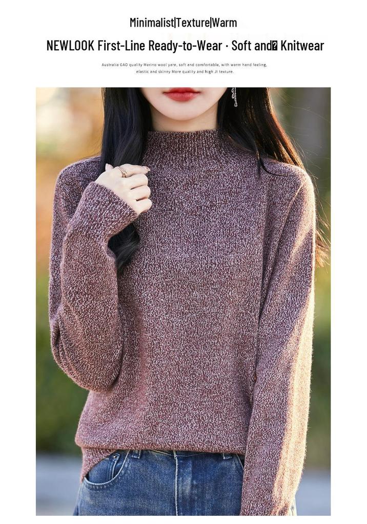 Women's Soft Loose Knit Sweater: Slub Yarn Semi-High Neck Pullover