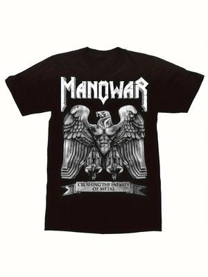 Manowar Retro Heavy Metal Band T-Shirt| Real Metal Graphic T-Shirt with Eagle Shield Graphic and "Smash Metal Enemies" Print- Black
