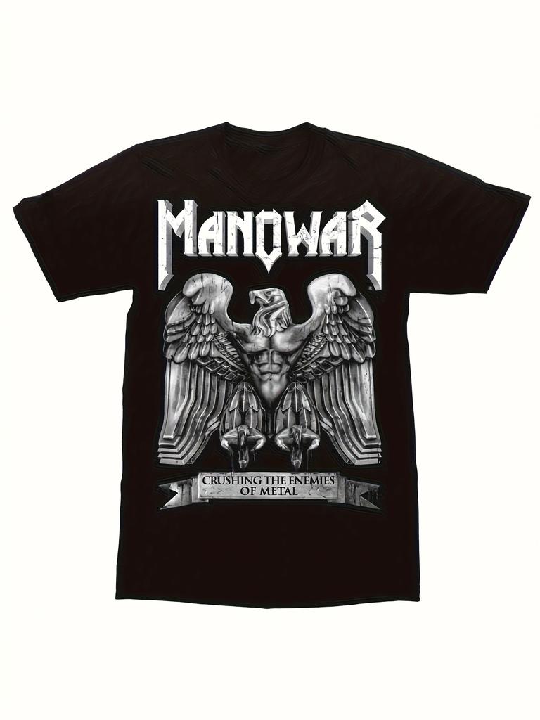 Manowar Retro Heavy Metal Band T-Shirt| Real Metal Graphic T-Shirt with Eagle Shield Graphic and "Smash Metal Enemies" Print- Black