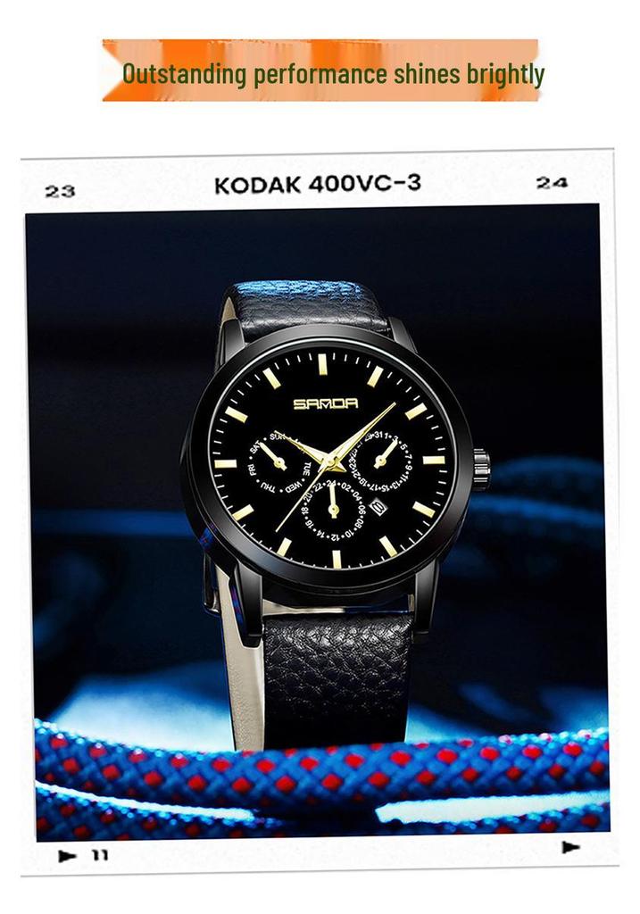Sanda Quartz Three-Eye Six-Hand Watch: Fashionable, Simple, Leather Strap, Waterproof, Men's & Women's Calendar Watch.