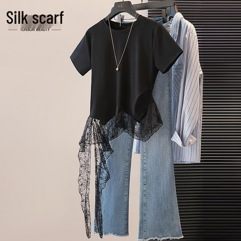 

Elegant Lace Spliced Round Neck Short Sleeve T-Shirt One Size