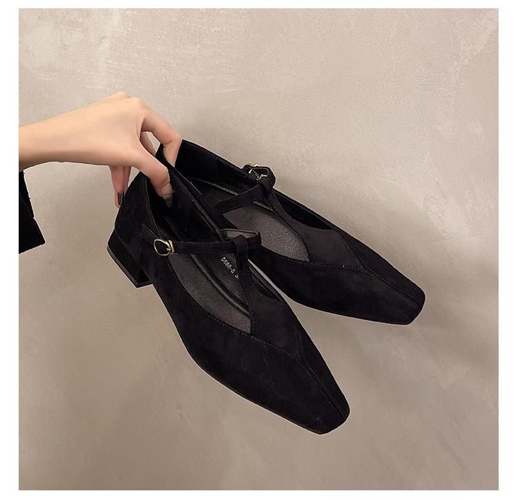 French small square head retro thick heel suede single shoes women's autumn design buckle Mary Jane shoes