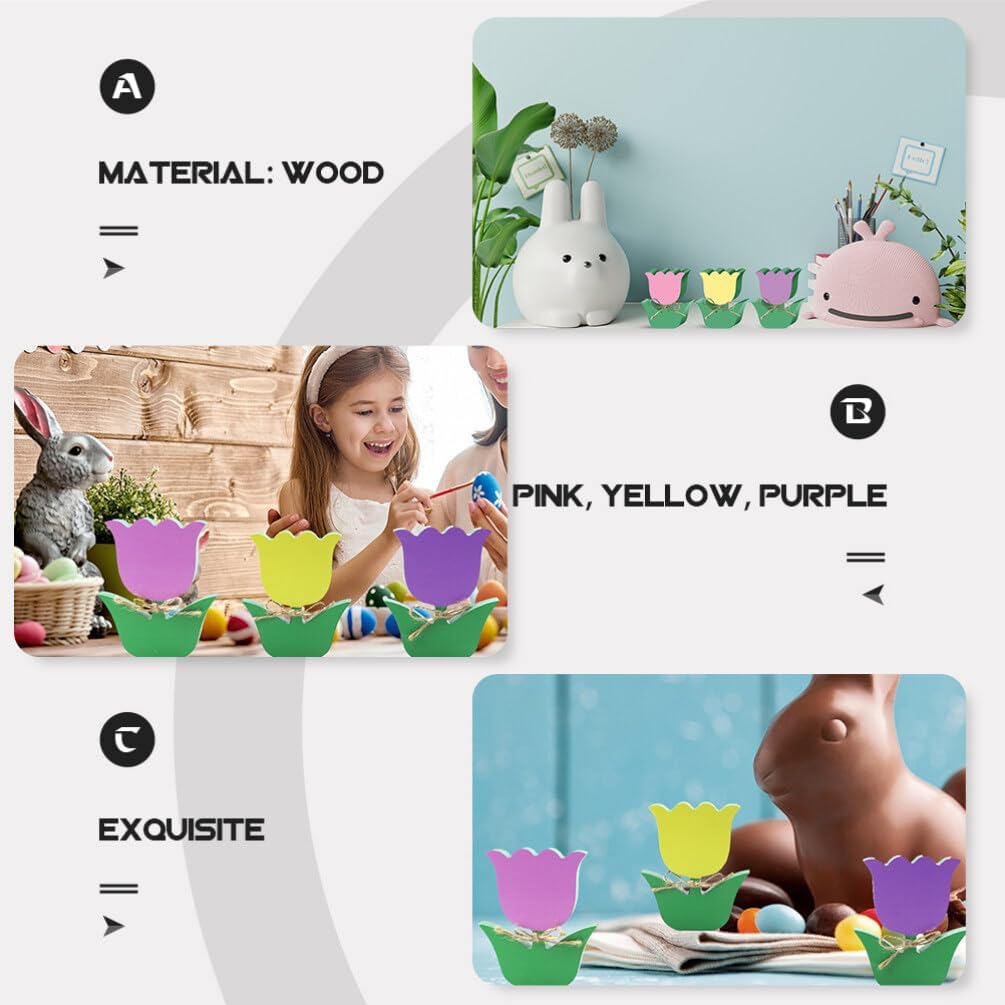 Zerodeko 3pcs Tulip Ornament Adorable Wood Decor for Home Car Interior Cartoon Flower Adornments Pink Yellow Purple Craftsmanship for Vibrant