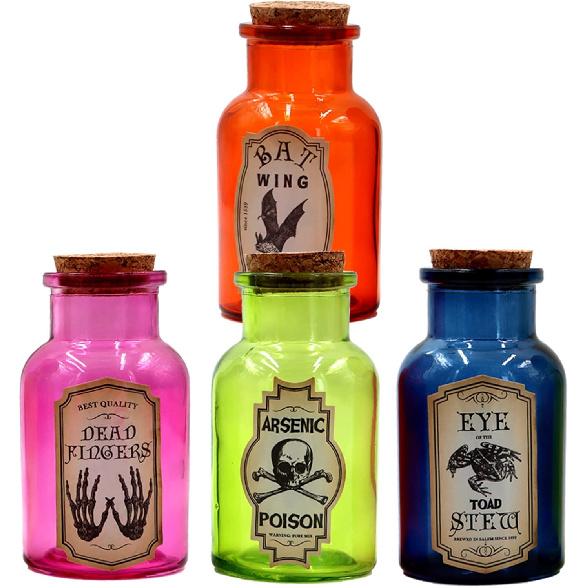 Halloween Glass Potion Bottle,4 Set of Apothecary Bottles with 8pcs Halloween Labels Stickers,Colorful Glass Decorative Jar, Corked Bottle, Halloween