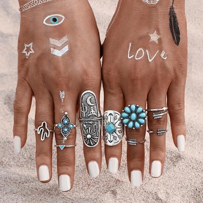 9 Pcs / Set Gemstone Carved Knuckle Ring Set Ethnic Boho Bohemian Vintage Jewelry Women Accessories