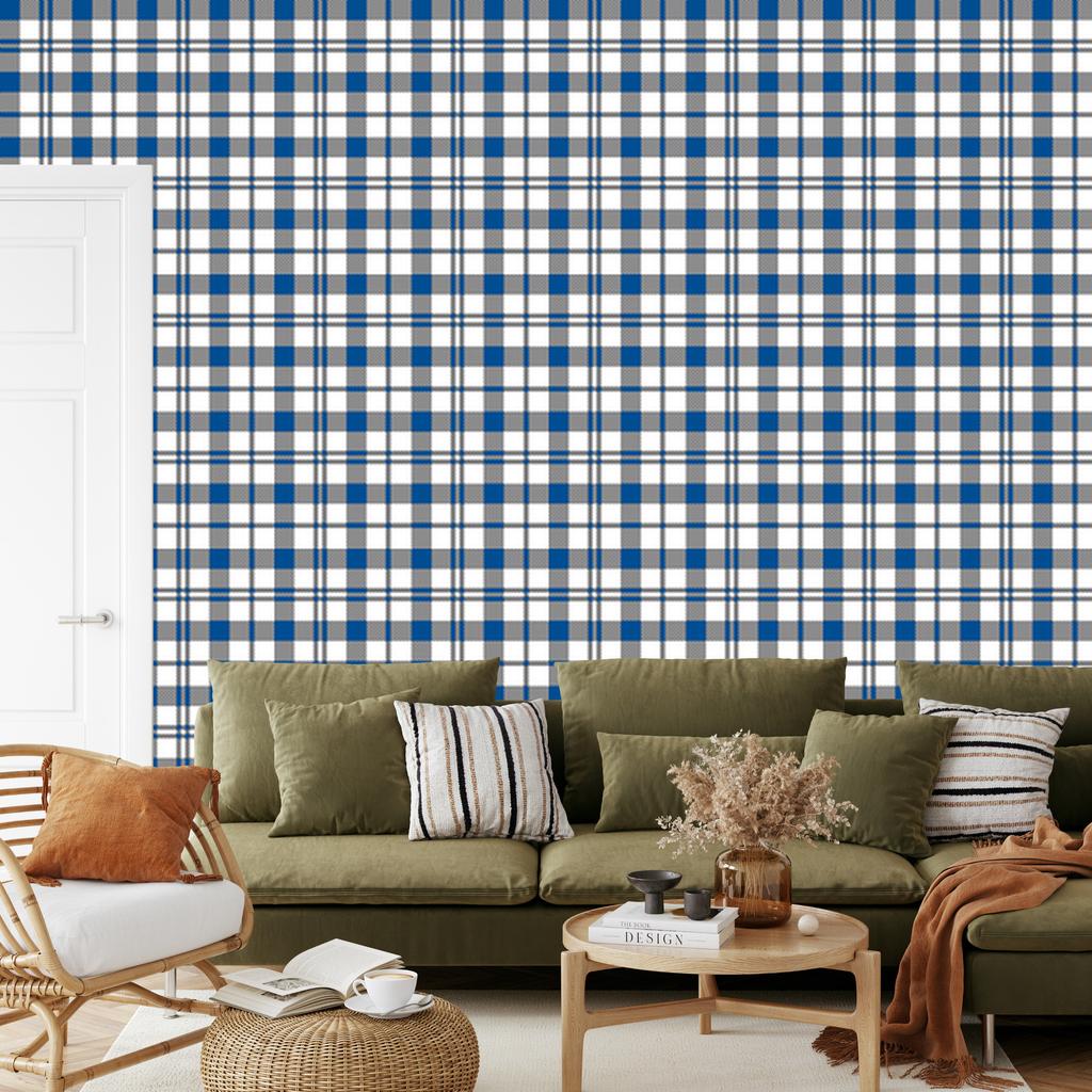 Blue Checkered Wallpaper, Blue, Gray and Light Gray, 50x1000