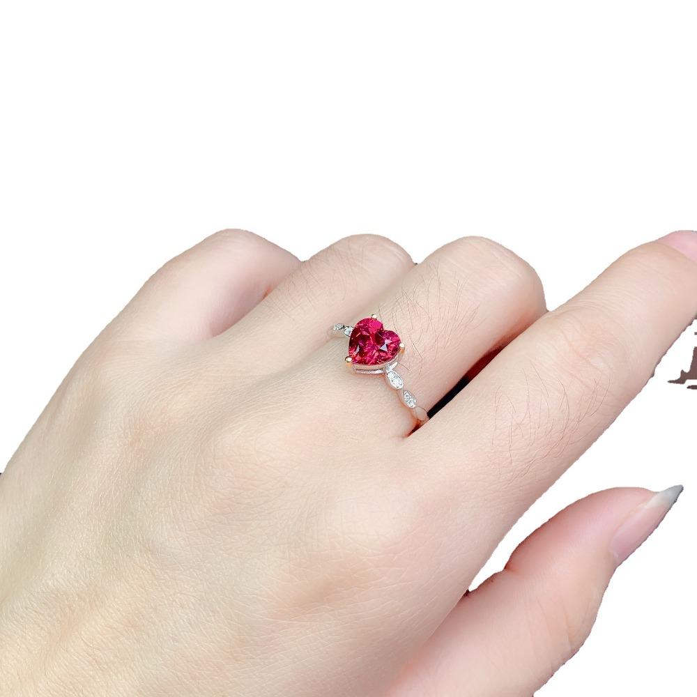 Open Ring Simple Rose Red Heart Shape Ring with Micro Inlaid Zircon and Pigeon Blood Red Gemstone