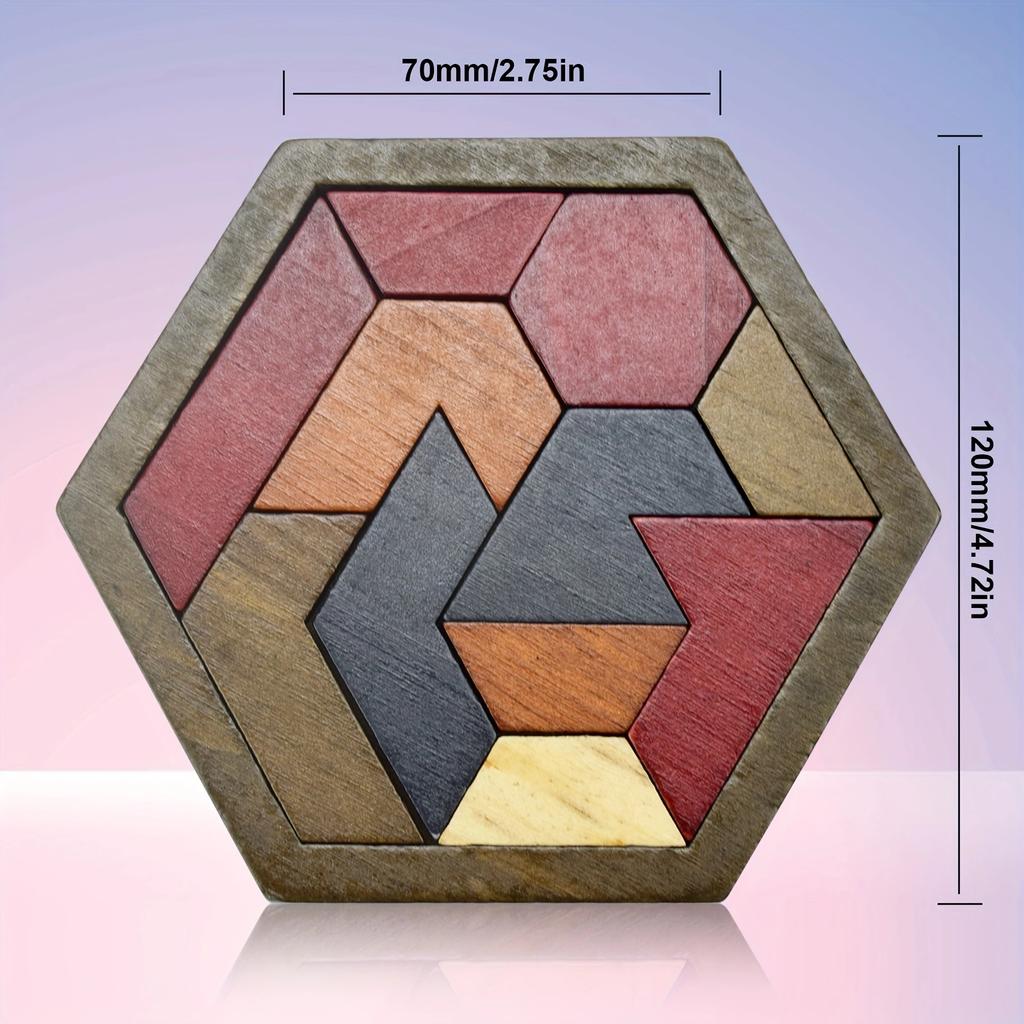 Hexagon Tangram Puzzle, Wooden Puzzle Toys for Children and Adults, Challenging Puzzles Wooden Brain Teasers Puzzle for Adults