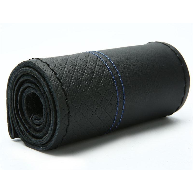 38cm Top Layer Cowhide Soft Genuine Leather Braid Steering Wheel Cover Black Double Line Hand-stitched With Needle Thread