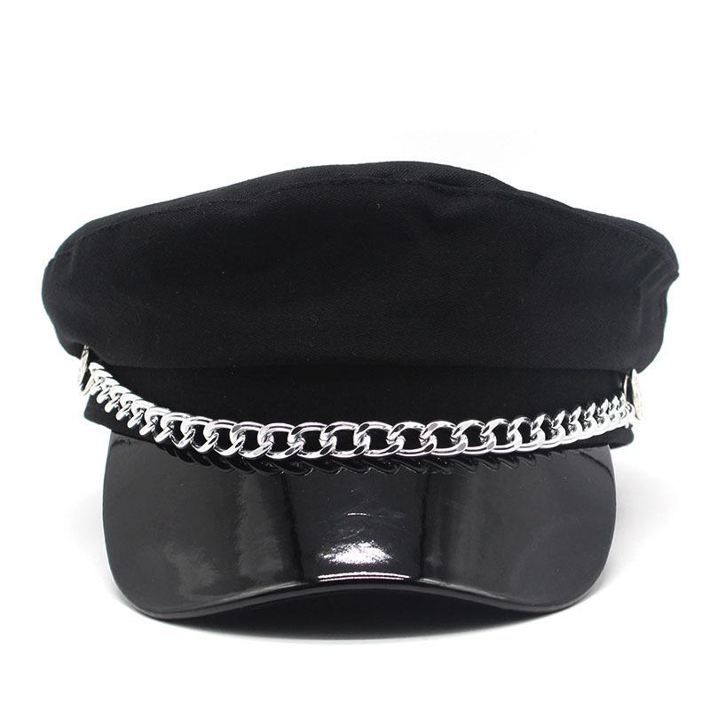 Internet Celebrities Ins Black Pu Hat Ladies Trendy Hat Chain Leather Stitching Navy Hat Curved Brim Octagonal Hat