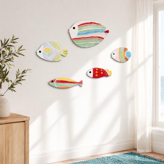 Children Room Fish Decor 5Pcs Wooden Wall Decor, Rainbow Striped Tropical Ornaments with 3D Art Embossed Texture, Lightweight Coastal Hangings