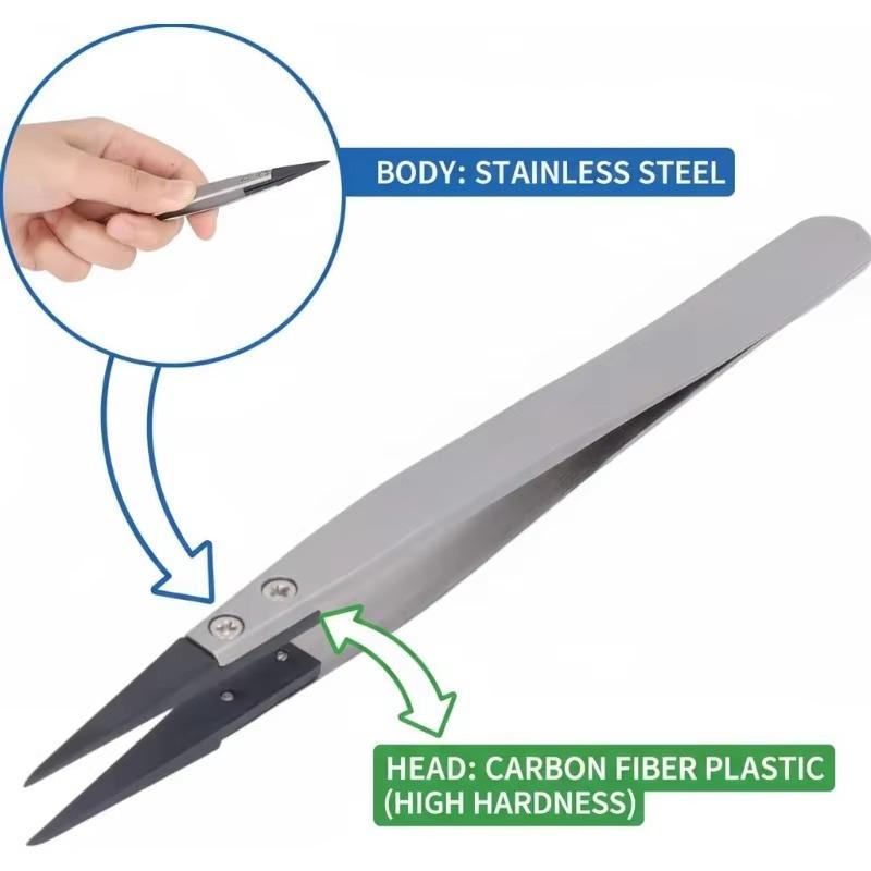 1 Piece Anti-Static ESD Tweezers Replaceable Tweezers Tips Stainless Steel Body Carbon Fiber Conductive Plastic Tweezers