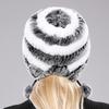 Winter Hats for Girls Women's Fur Hat Real Rex Rabbit Cap Floral Knitted Hat with Balls Skulls Beanies 55-59cm