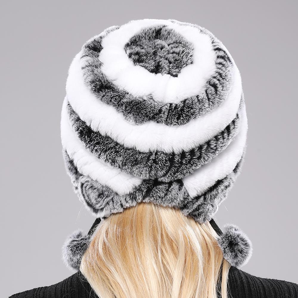 Winter Hats for Girls Women's Fur Hat Real Rex Rabbit Cap Floral Knitted Hat with Balls Skulls Beanies 55-59cm