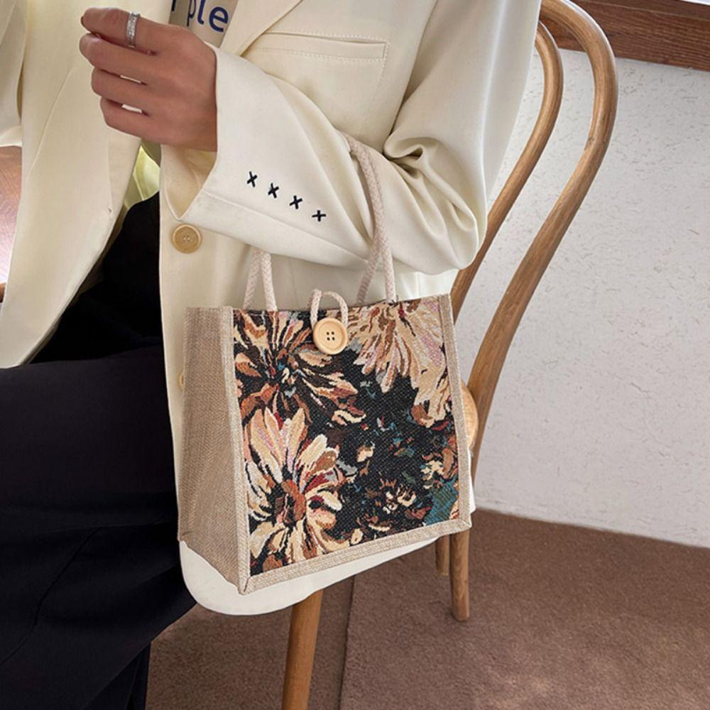 Portable Linen Handbag Large Capacity Printing Cloth Lunch Bag Ethnic Style Canvas Bag  Picnic