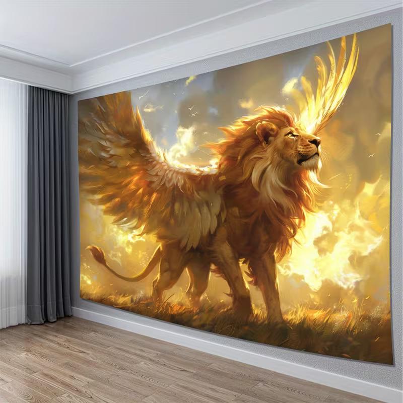 2D Fantasy Winged Golden Lion Tapestry Mythical Creature Wall Decor Cloth for Home & Bedroom