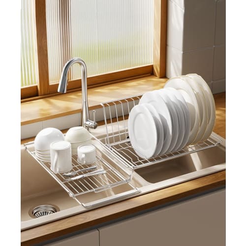 ZATAO Dish Drainer Rack, Over-the-Sink or Next-to-Sink, 2-Way Expandable, Dishwasher Safe, Stainless Steel, Over-the-Sink Fit, Approx. 45-70 x 22.5 x