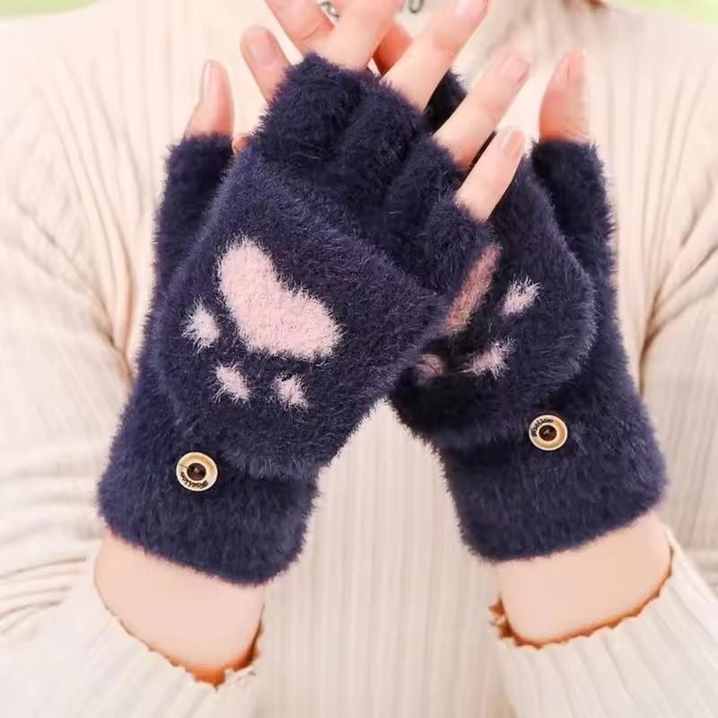 

Thicken Female Warm Cat Gloves Fashion Women Cat Claw Paw Plush Mittens Soft Plush Short Fingerless Half Finger Winter Gloves One Size