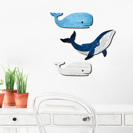 3 Stück Holzwal Wandkunst Nautisch Küstenmotiv Blau und Weiß Wal Wanddekoration Rustikal Meeresfisch Wandbehang