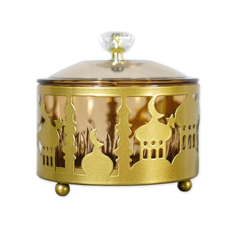 Eid Mubarak Serving Platters with Lid, Metal Ramadan Dessert Tray Food Storage Box Jar Container Table Decoration for Cookies Candy