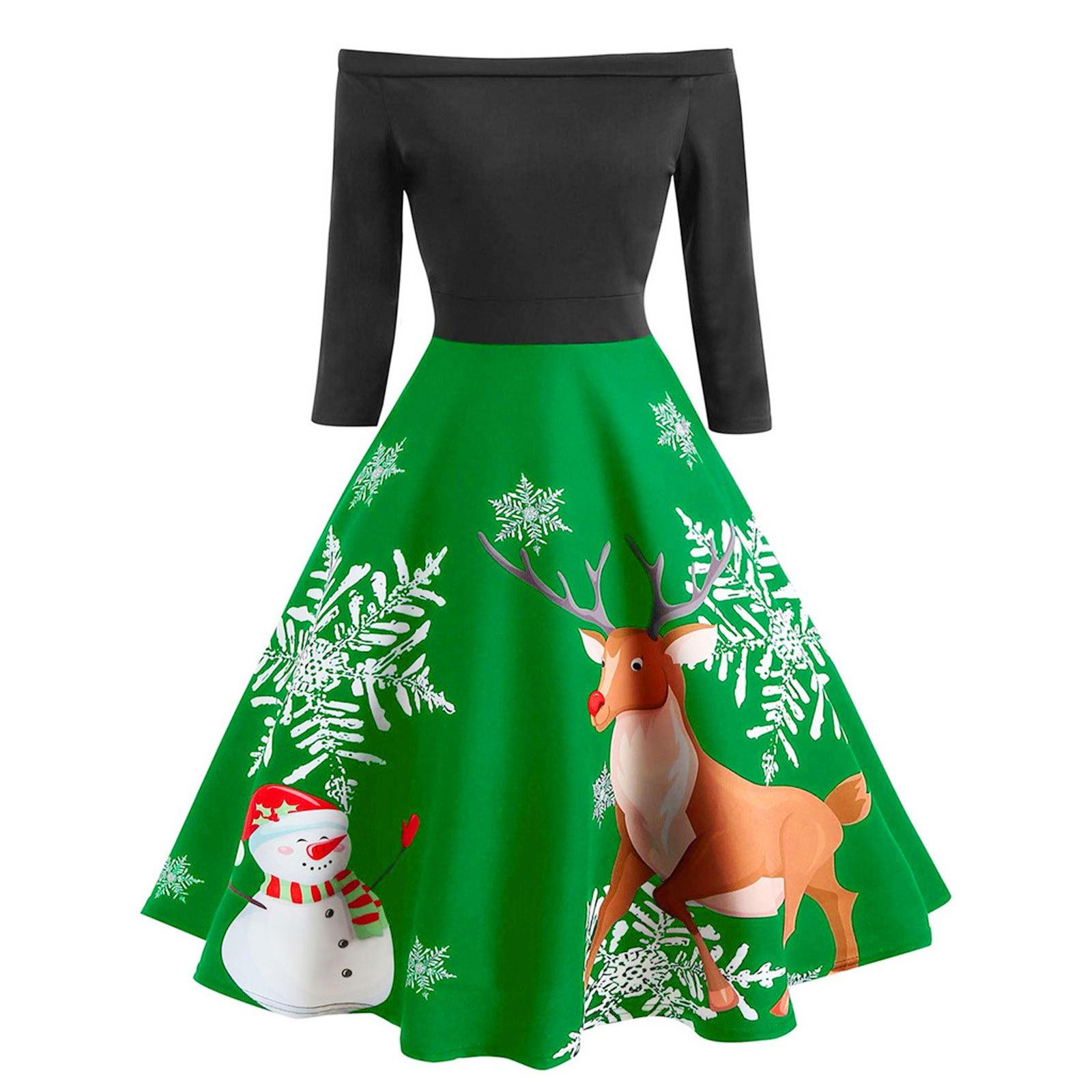 

Рождественское женское винтажное вечернее платье с открытыми плечами и расклешенным платьем S зелёный