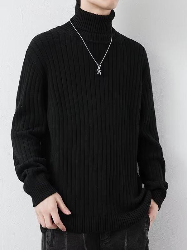 Men's Striped High Neck Knit Sweater - Thick, Loose, Solid Color Winter Base Layer