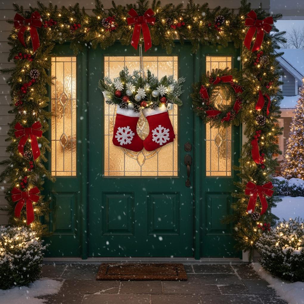 LED-julkrans med strumpor Röda bär Kotte för ytterdörr Inomhus Juldekorationer Fönster Veranda Festtillbehör