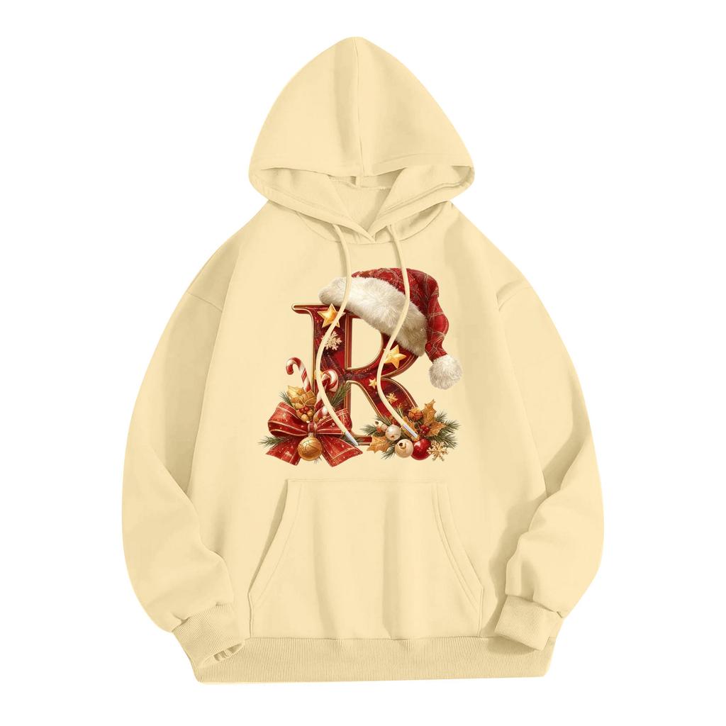 Women's Casual Comfortable Long-Sleeved Christmas Letter-Printed Warm Hooded Crew-Neck Sweatshirt