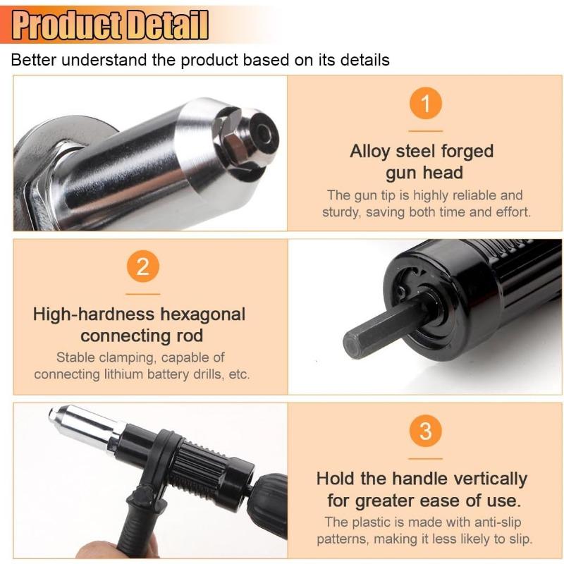 3pcs Pop Rivet Gun Adapter Kit, Cordless Electric Power Drill Rivets Attachment with 4 Rivet Heads 2.4mm, 3.2mm, 4.0mm & 4.8mm,