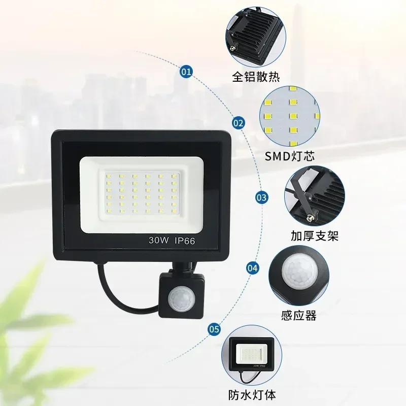 LED Floodlight 200W 150W 100W 50W 20W 10W PIR Motion Sensor IP66 Waterproof 220V Hanging Exterior Outdoor Wall Lamp Spotlights