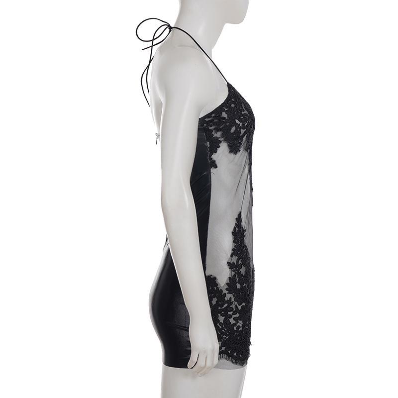 Sexy Lace Patchwork Spaghetti Strap Halter Dress - European & American Style, Slimming, See-through, Pure Color, Short Party Dress.