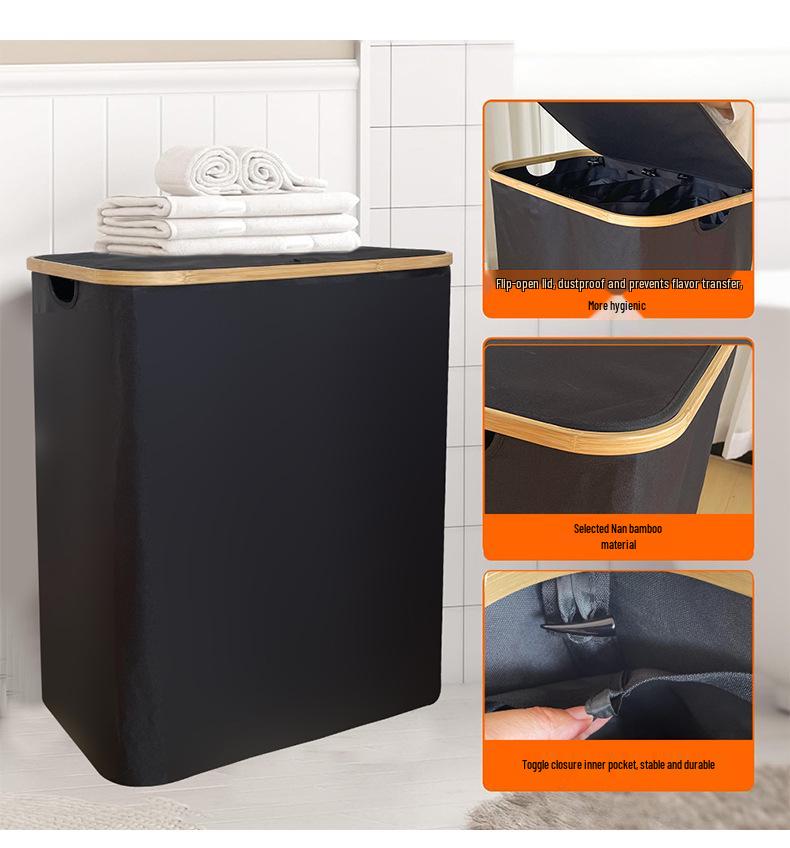 Foldable Bamboo Laundry Basket with Lid and Inner Bag for Bedroom or Bathroom