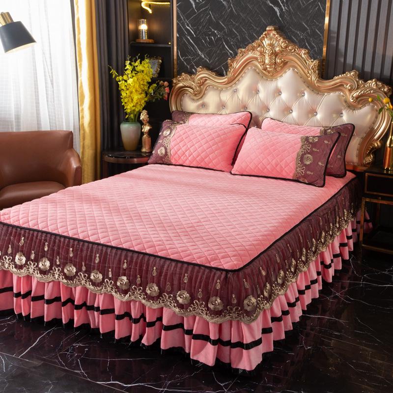 European Crystal Velvet Quilted Bed Skirt - Autumn/Winter Thick Lace Bedspread, Non-slip Flannel, 1.5m/1.8m Bedding Set