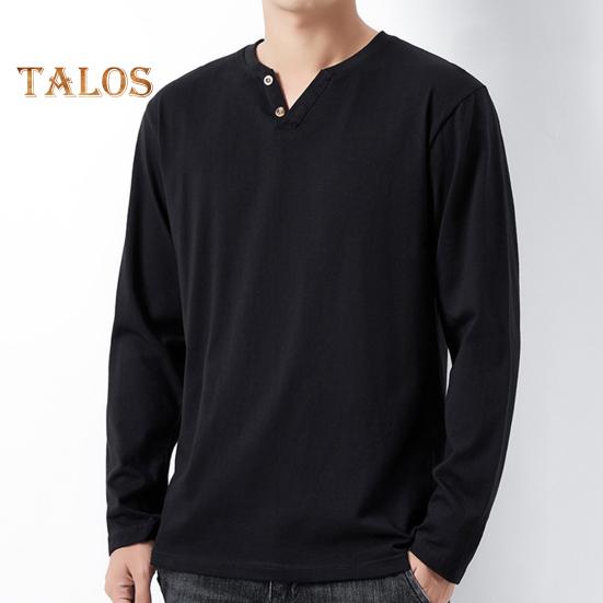 Men Fall Spring Top Buttoned V Neck Long Sleeves Pure Color Loose Pullover T-shirt Daily Wear Sport Homewear Clothes