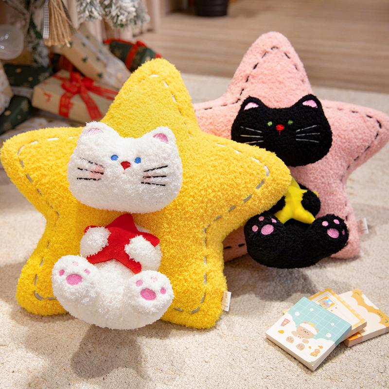 Cute Star Shape Cat Plush Cushion With Smiling Character Face And Pink Star Accent Soft Stuffed Toy Charming Creative