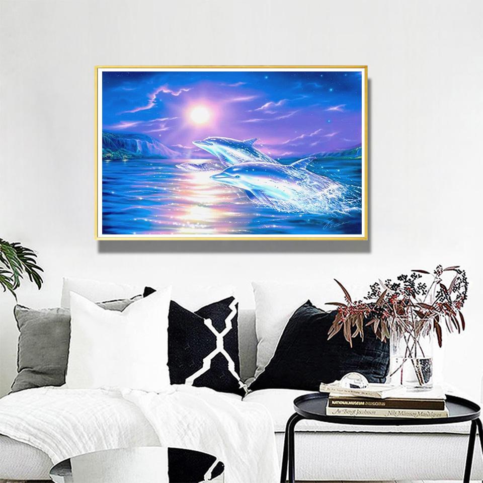 5D DIY Diamond Painting Full Round Animal Dolphin Diamond Embroidery Painting Cross Stitch Kit Home Decoration Rhinestone Gift