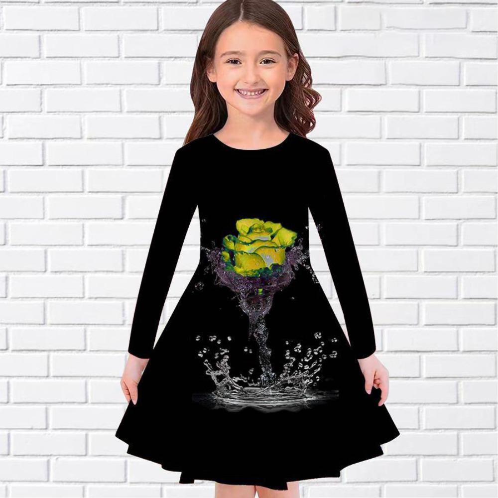 Girls' 3D Rose Ink Splash Dress Long Sleeve Summer Spring Vacation Daily Holiday Princess Beautiful Sweet Kids 4-12 Years Casual Dress A Line Dress