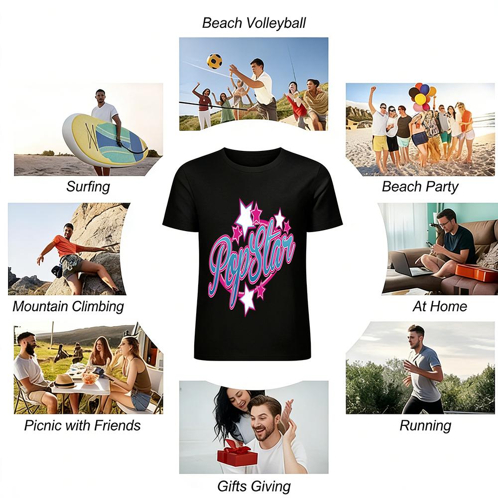 Pop Star Graphic Print Casual T-Shirt Trendy Star Pattern Short Sleeve Tee for Women and Teens Pure Cotton T-shirt